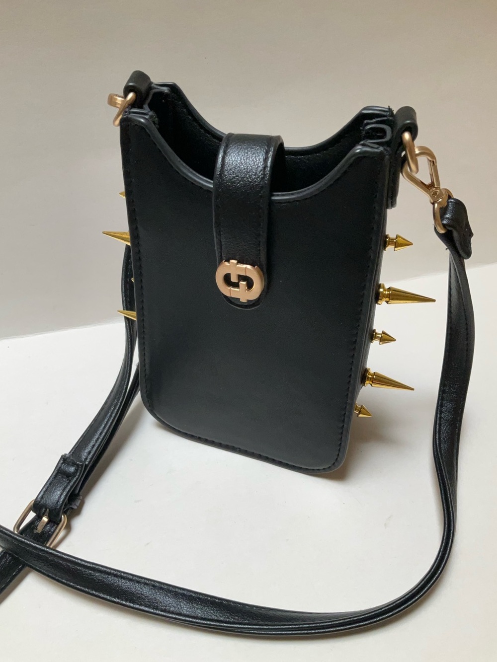 Black PU leather Crossbody Phone Bag GOLD tone cone spikes Edgy Punk Gothic Stud